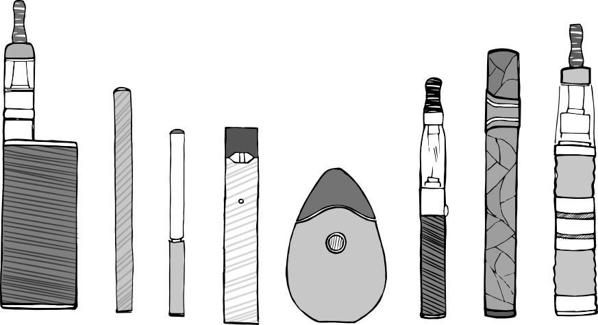 Black and white illustration of different types of e-cigarettes