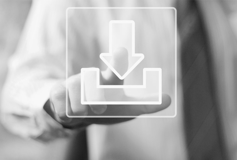 Black and white photo of a person pressing a download button