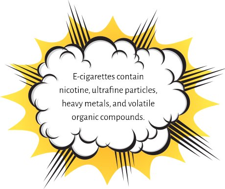 Cloud graphic with words on top: E-cigarettes contain nicotine, ultrafine particles, heavy metals, and volatile organic compounds